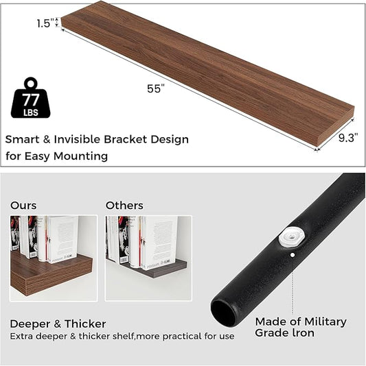 Venusmiles Floating Shelves for Wall, Engineered Wood Wall Shelves with Invisible Brackets for Living Room Bedroom Bathroom Office Kitchen Decor and Storage (Walnut, 55" W x 9" D x 1.5" H) Set of 1