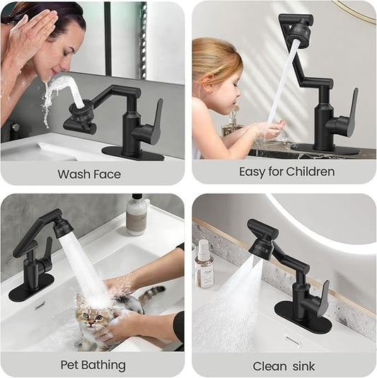 Bathroom Sink Faucet, FunnyAir Stainless Steel 1080° Rotatable Faucet for Sink 1 Hole or 3 Holes, Modern Style Single Handle Bathroom Faucets with Hot and Cold Hoses, Matte Black