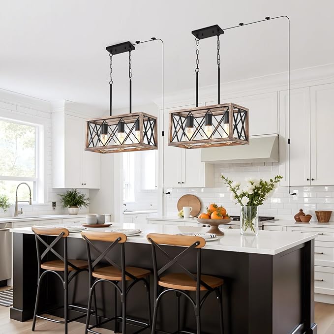 Plug in Pendant Light,3-Light Dining Room Light Fixture Over Table,Plug in Chandelier for Kitchen Sink,Farmhouse Metal Kitchen Pendant Lighting Over Island, Wood Grain Finish.