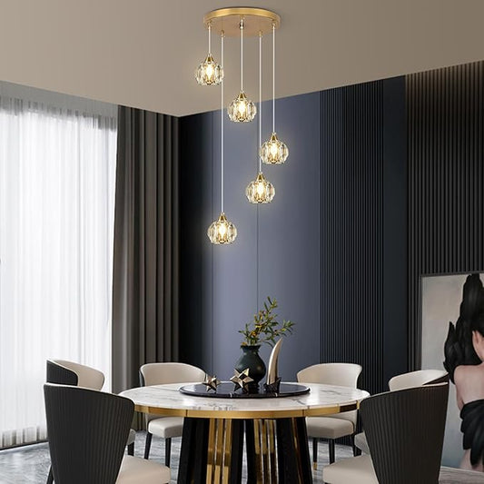 Weesalife Crystal Chandeliers for Dining Room Lights Fixture Over Table, 5-Light Gold Modern Pendant Light Fixture,Crystal Chandeliers for Living Room Kitchen Island Staircases Foyer Hallway Bar