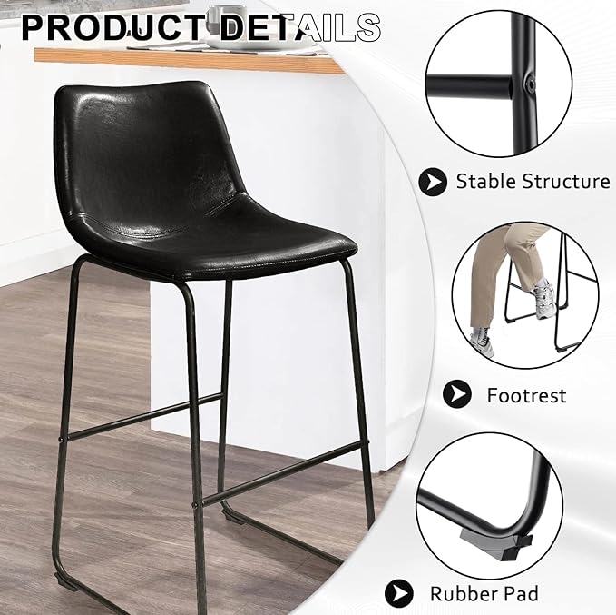 LEMBERI 30 inch Bar Stools Set of 2, Modern Counter Height Bar Stools, Faux Leather Barstool with Back and Metal Leg, Armless Bar Chairs for Kitchen Island (Black, 2pcs 30")