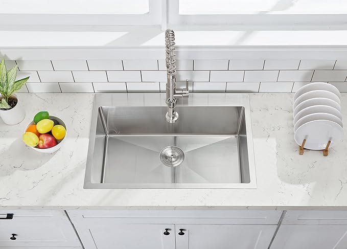 VCCUCINE 28x18 Inch Drop in Kitchen Sink 16 Gauge Top Mount Handmade T304 Brushed Nickel Kitchen Sink,Stainless Steel Single Bowl Workstation Topmount Overmount Sink with Strainer