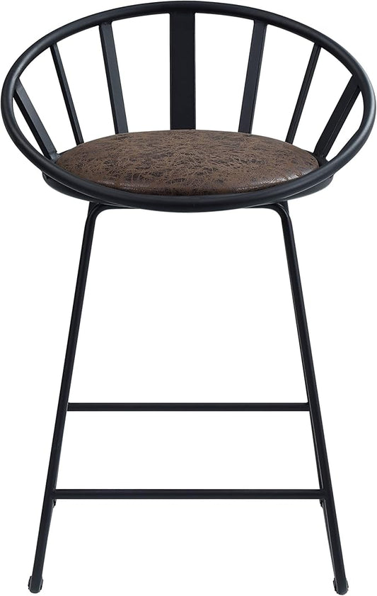 Brown & Black Counter Height Chairs for Kitchen Island, Two-Pack, Metal Sled Base & Faux Leather Upholstered Seats