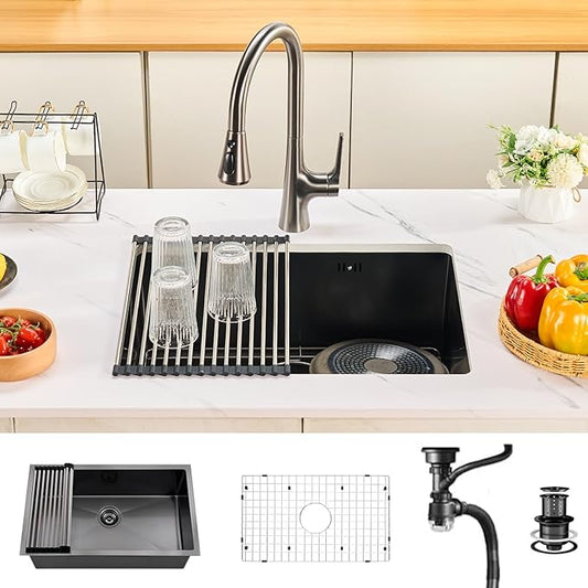 30 Inchs Undermount Kitchen Sinks, 30 x 19 x 9 Inch Black-Grey Single Bowl Sink,16 Gauge Stainless Steel Nano Black Sink with Accessories for Workstation, Prep Kitchen, Bar Sink(new)
