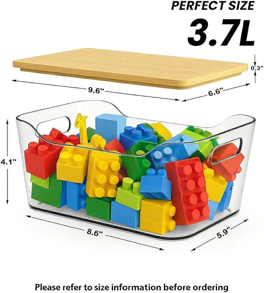 CiWiVOKi 6 Pack Clear Storage Bins with Bamboo Lids - Stackable Pantry Organization and Storage Containers with Handles - 3.7L Large BPA-Free Plastic Organizer for Kitchen, Fridge, Bathroom & Closet