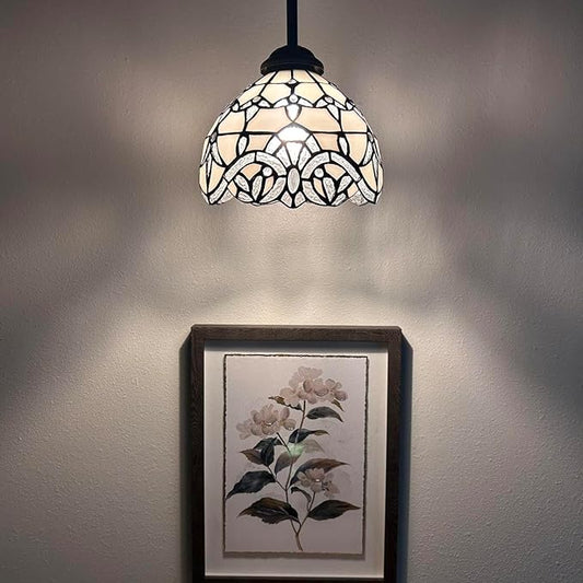 Tiffany Mini Hanging Lights White Stained Glass Baroque Style Lavender LED Bulb Included for Kitchen Island Counter Dining Room Hallway Hotel Café 8" W*60" H