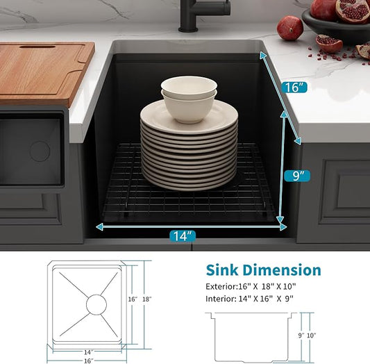 Kitsitchen Black Undermount Bar Sink,16 Inch Black Stainless Steel Bar Sink,Small Bar & Prep Sinks,Single Bowl 16 Gauge T-304S Stainless Steel Workstation Sink for Wet Bar Area(16" X 18"X 10")