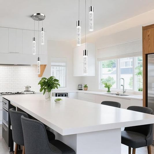 Pendant Lights Kitchen Island, Modern Kitchen Island Lights, Ceiling Lighting Fixtures with Crystal Bubble, Integrated LED Hanging Light Nickel 1 Pack(3-Light)