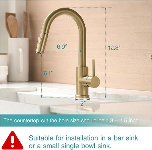 Cenosa Modern Bar Sink Faucet for Kitchen Sink Single Handle with Pull Out Sprayer Hot and Cold Prep Sink Faucet Brushed Gold