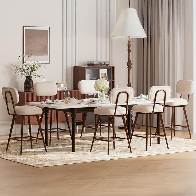 MALOL 26“ Swivel Bar Stools Set of 2, Mid Century PU Leather Counter Height Bar Chairs with Low Back and Metal Legs, Modern Bar Stool Chair for Kitchen Island, Beige
