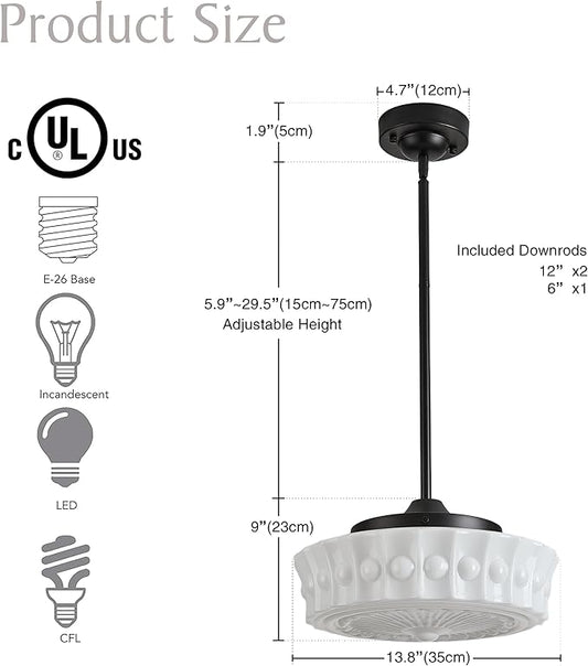 FCTWAKS Schoolhouse Pendant Light Fixtures, 14" Mid Century Modern Black Milk Glass Chandelier, Adjustable Height, Vintage Ceiling Light for Dining Room,Hallway,Kitchen Island