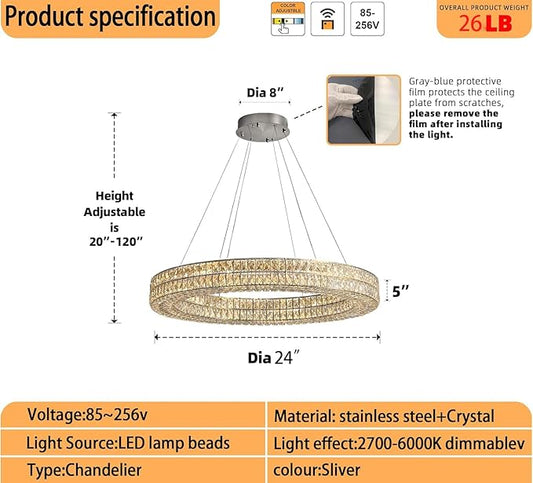Led Ring Chandelier, Modern Dimmable Crystal Chandeliers Lighting for Living Room 24" Silver Hanging Light with Remote Control