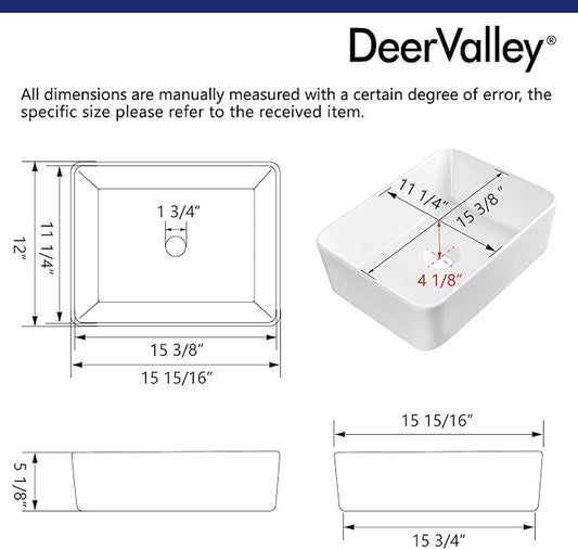 DeerValley Liberty 16x12 Inch Rectangular Vessel Sink, White Ceramic Above Counter Bathroom Basin, DV-1V0048