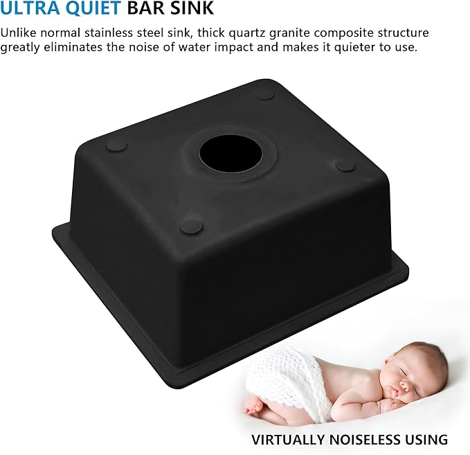 17"x17" Undermount Bar Prep Sink – Matte Black Granite Composite Quartz Classic Under Counter Single Bowl Sink Basin for Wet Bar, RV, Small Kitchen