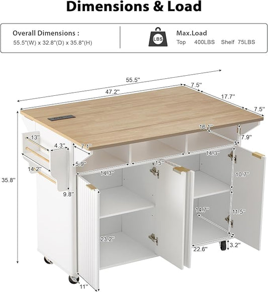 55.5" Fluted Kitchen Island Table with 2 Drop Leaf,Kitchen Storage Cart with Power Outlet,4 Doors,Spice Rack,Rolling Island Table with Faux Marble Top,Curved Edge for Kitchen,Dining Room,White