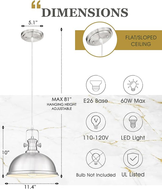 Pendant Lights Kitchen Island, Farmhouse Hanging Lights Fixtures with Metal Shade, Rustic Kitchen Pendant Lighting Over Island for Dining Room, Brushed Nickel, AD-2151-1PL-SN