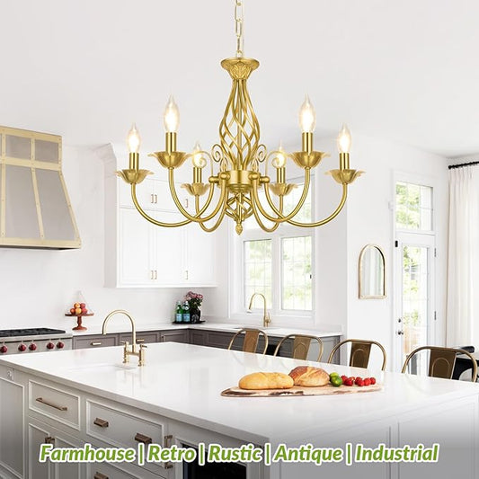 6-Light Farmhouse Candle Chandelier for Living Room, Rustic Industrial Pendant Ceiling Light fixture, Vintage Ceiling Hanging Lamp for Bedroom Hallway Kitchen Dining Room Foyer, Luxury Gold E12 Socket