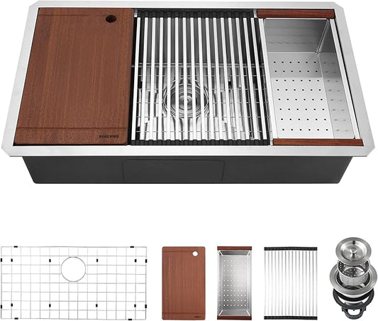 33-inch Undermount Kitchen Sink Workstation, SINKVINE 33x19 Large Outdoor Prep Sink BBQ, Stainless Steel Single Bowl w/Sapele-Wood Cutting Board, SST Colander w/Wood Handle, and Roll-up Dish Drying