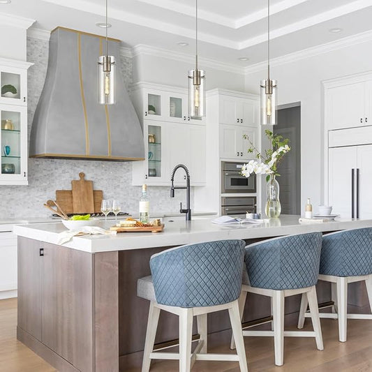 Glass Brushed Nickel Pendant Light, 3 Pack Modern Kitchen Island Pendant Lighting with Ribbed Glass, Adjustable Cord Pendant Light for Over Island, Dining Room, Bathroom, Bedroom