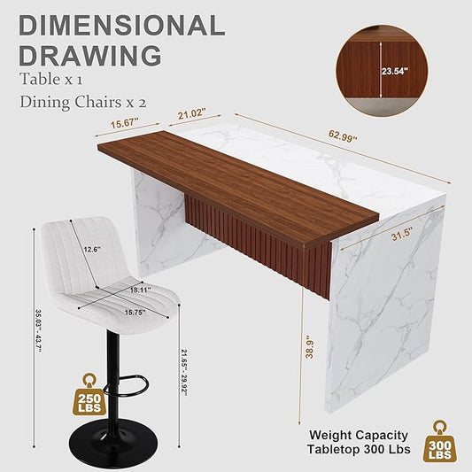 63" Modern Kitchen Island with Marble-Look Surface with 2/4 Bar Stools, Island Table with LED Lights, for Kitchen,Dining Room, Bar, Office, Living Room (White+2Beige)