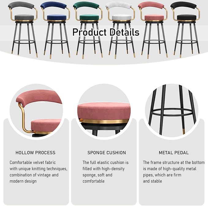 Swivel stools 1PC, Velvet Upholstered Stools with Hollow Back, Metal Chair Legs & Footrest for Kitchen Island Dining Room Pub Home, Seat Height 65cm, Black (Pink Seat Height 65cm)