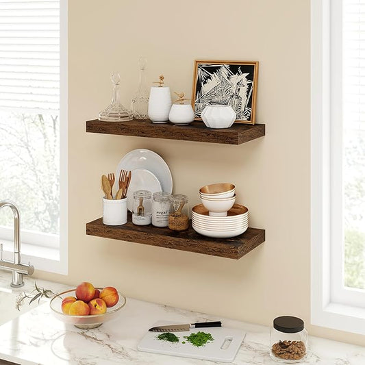 Acovy 24 Inch Floating Shelves, 9.3" Deep Floating Shelf Wall Mounted, 24" Wall Shelves, Rustic Deep Bookshelf, Large Display Shelves & Storage Shelves for Bedroom, Living Room, Brown, Set of 2