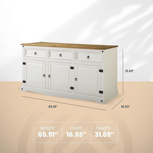 Furniture Dash Solid Wood Sideboard Buffet 65.9" W, 16.9" D, 31.6" H - Wooden Storage Cabinet 3 Doors & 3 Drawers, Cupboard Console Table, Ideal for Living Room, Kitchen Island, Dining Room - White