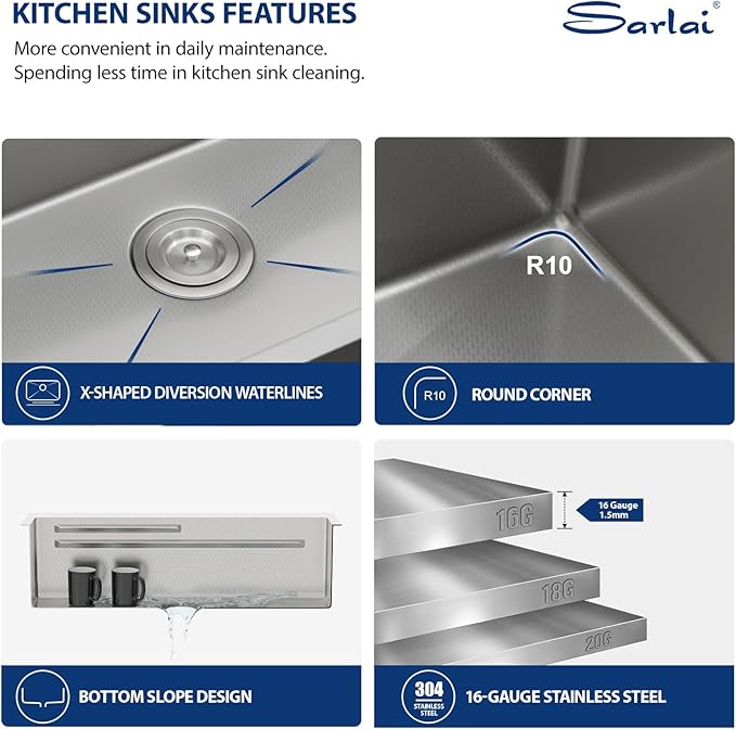 Sarlai 30 Inch Waterfall Kitchen Sink - 30x19 Inch Drop In Workstation Sink With Waterfall Stainless Steel 16 Gauge Multifunction Single Bowl Top Mount Kitchen Sinks with HoneyComb Finish