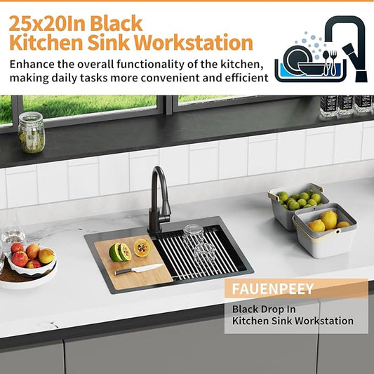 Black 25x20In Kitchen Sink Workstation-Stainless Steel Drop In Single Bowl Built-in Ledge Topmount Workstation Sink For Placing/Sliding Accessory-Cutting Board,Drying Rack,Convenient And Functional