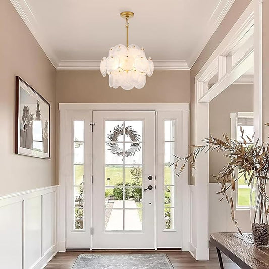 Dia 15.75 Inches Modern Glass Chandelier for Foyer, Gold Dining Room Light Fixture, Large Vintage Pendant Chandelier for Bedroom Entryway Farmhouse