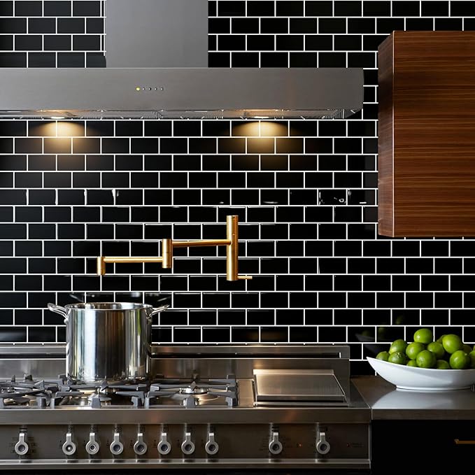 STICKGOO 5-Sheet Subway Tiles Self Adhesive Kitchen Splashbacks, Peel and Stick Wall Tile Stickers, Stick on Tiles Splashback (Black, Thicker Design)