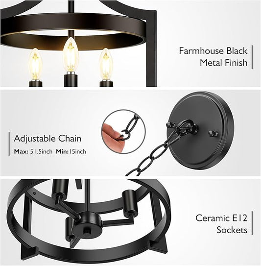 14.5in 3-Light Farmhouse Chandelier, Pendant Hanging Lighting Adjustable Height, Convertible Vintage Semi Flush Mount Ceiling Light Fixture, Rustic Black Chandeliers for Dining Room Foyer Entryway