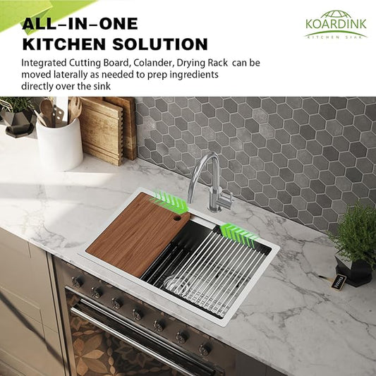 Kitchen Sink Workstation, 27x18 Inch Stainless Steel Drop In Kitchen Sink Modern Undermount Single Bowl Kitchen Sink Gift Combo-SS Grid,Drying Rack,Cutting Board,Sink Clip, Drain Strainer Set