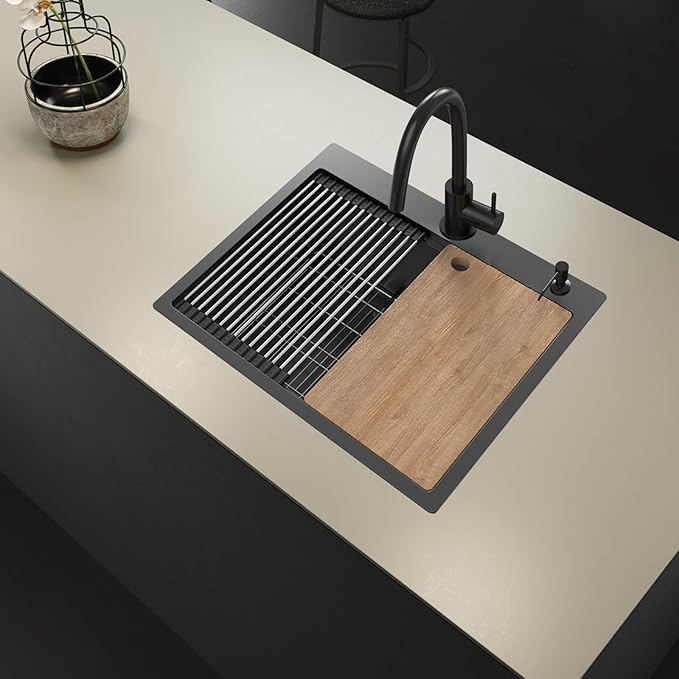Black Kitchen Sink Workstation, 25x22 Inch Stainless Steel Drop In Modern Large Single Bowl Workstation Sink Accessory Combo-SS Grid,Drying Rack,Cutting Board,Soap Dispenser, Drain Strainer Set