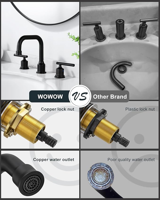 Black Bathroom Faucet 3 Holes, WOWOW Widepread Bathroom Sink Faucets 2 Handle, 8 Inch Vanity Tap with Drain and Supply liness Modern