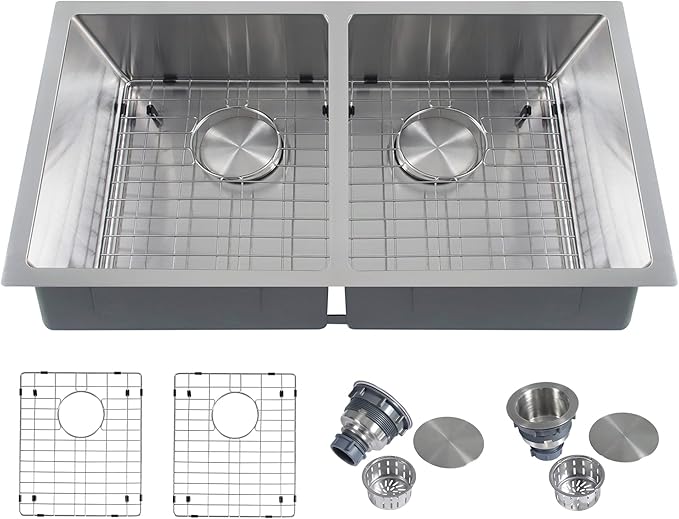 Rhbamoa 32 Inch Double Bowl Kitchen Sink Undermount,16-GaugeT304 Stainless Steel Kitchen Sink,50/50 Undermount Double Sinks with Accessories,Deep Sinks with Brushed Finish,Round Corner