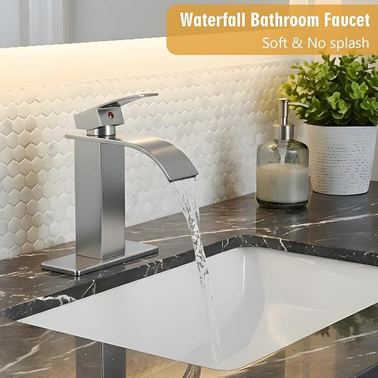 Bathroom Sink Faucet, Waterfall Bathroom Faucet with Pop-up Drain, Supply Hoses and Deck Plate, Suitable for 1 or 3 Holes, Silver