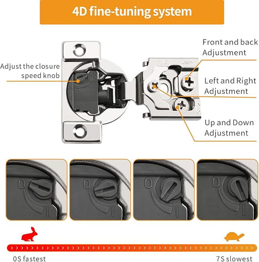 Chibery 60 Pack 3/4" Overlay 4D Soft Close Concealed Hinges for Face Frame Door, Adjustable Closing Speed, Smooth Slow Self Close Hinges, Satin Nickel, 105ยฐ Open Angle Stainless Steel Cabinet Hinges