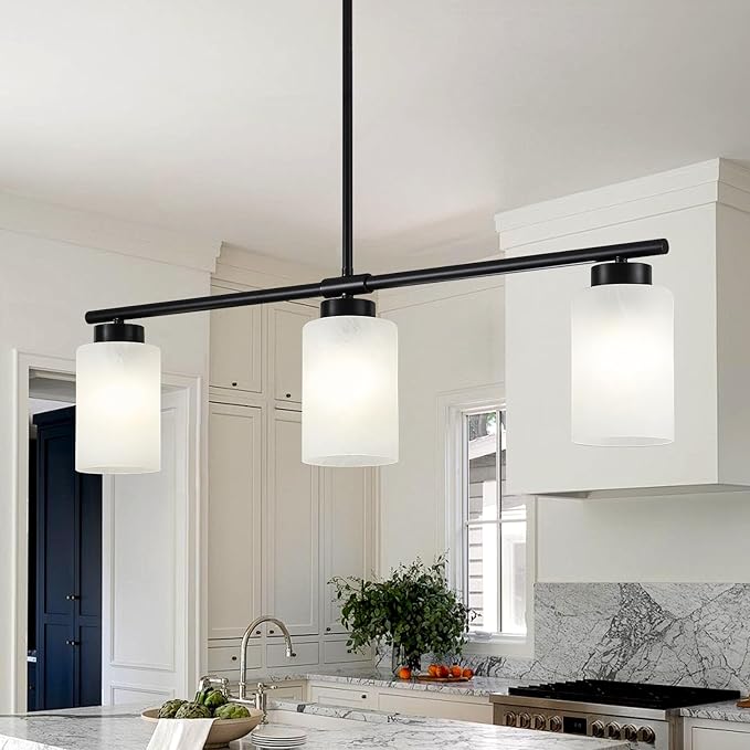 31" Kitchen Island Lighting 3 Light Black Pendant Light for Kitchen Island with Milk Glass Shade Modern Linear Chandelier Adjustable Hanging Farmhouse Light Fixtures Over Dining Table Living Room,E26
