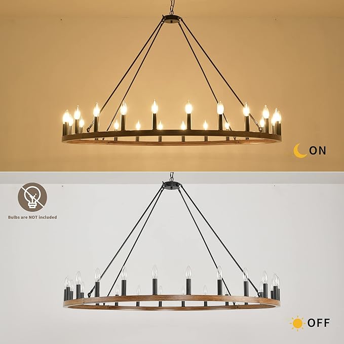 24-Light Wagon Wheel Chandelier Farmhouse, 54 Inch Large Chandeliers for High Ceilings, Modern Rustic Farmhouse Chandelier for Dining Room, Living Room, Entryway, Black&Khaki