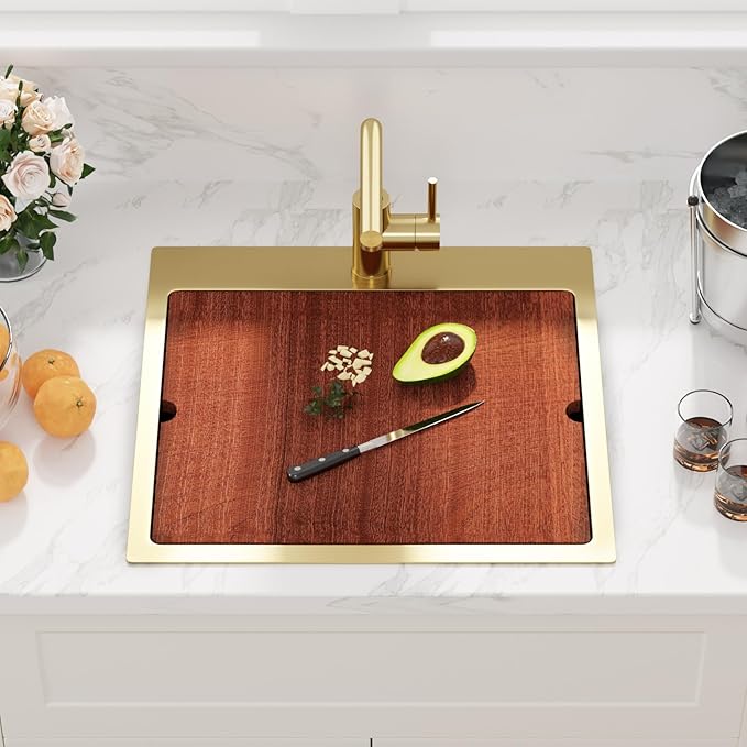 Sarlai 21 Gold Kitchen Sink with Faucet- 21x20 Inch Drop In Kitchen Sink Gold Ledge Workstation Sinks 16 Gauge Stainless Steel Single Bowl Topmount Sinks with Pull-out Faucet