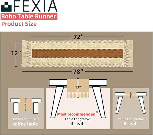 FEXIA Boho Table Runner 72 Inches Long Thanksgiving Decor Macrame Table Runner Farmhouse Style with Tassels for Party Bohemian Rustic Wedding Bridal Shower Dining Decor Middle Brown (12x72 Inches)