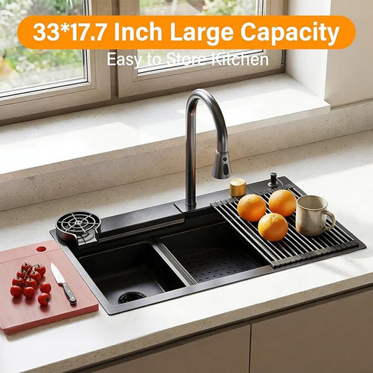33x17.7" Drop In Kitchen Sink with Faucet, 10" Basin Depth Undermount Kitchen Sinks, Stainless Steel Sink with Cup Washer, Drain Strainer, Cutting Board, Colander, Storage Basket & Roll-up Rack