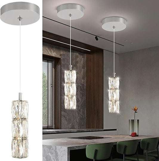 ykolupty Pendant Lights Kitchen Island Single Head Chrome Crystal Island Lights Dining Foyer Entrance Modern Chandeliers LED Dimmable 2700-6000K
