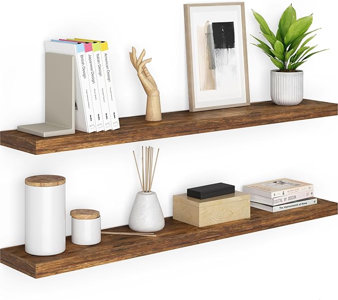 Ballucci Floating Shelves for Wall, 48" Wood Wall Shelf Set of 2, with Invisible Brackets for Bathroom, Living Room, Bedroom, Kitchen, Nursery, 8" Deep, Rustic Brown