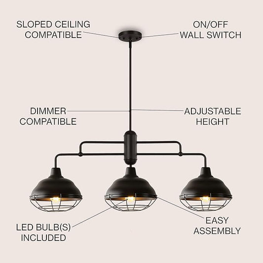 JONATHAN Y 40.5" Oil Rubbed Bronze 3-Light Industrial Farmhouse LED Pendant Light Fixture for Kitchen Island, Dining Room, Adjustable Hanging Ceiling Lamp, Iron Cage Metal Shade (JYL1119A)