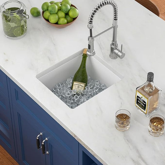 15x18 Inch Undermount Granite Composite Bar Sink White Small Quartz Classic Under Counter Ledge Single Bowl Kitchen Sinks Basin(15"x18")