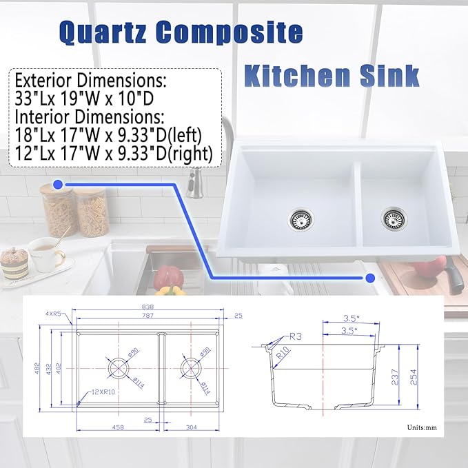33x19 White Double Bowl Kitchen Sink Undermount - 33 Inch White Undermount Granite Kitchen Sink, Double Bowl Granite Sink Workstation with Accessories