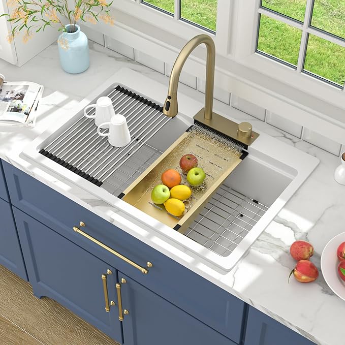 33 Waterfall Kitchen Sink Drop In - Lordear 33x22 Kitchen Sinks White Quartz Granite Composite Multifuctional Workstation Single Bowl Topmount Sink with Pull Out Faucet