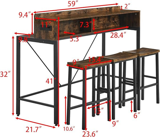 59" Bar Height Table and Chairs Set – Farmhouse Style Bar Table with 3 Saddle Stools, Perfect as Kitchen Table, Small Dining Table with Chairs, or Kitchen Island Seating Solution (Brown)